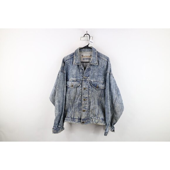 Vintage 90s Guess Mens Medium Distressed Acid Wash Denim Trucker Jacket Blue USA - Picture 1 of 16